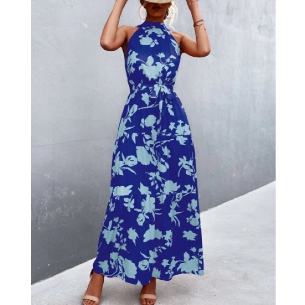 Boho blue floral print belted halter maxi dress - Picture 2 of 16